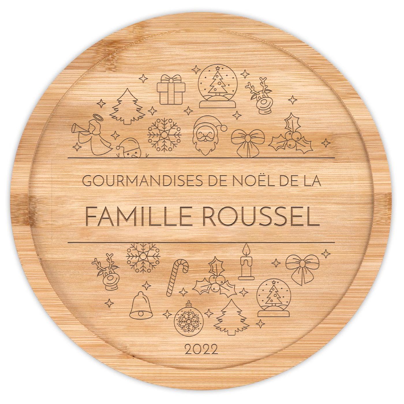 Plateau à fromage en bois avec gravure pour famille pour Noël