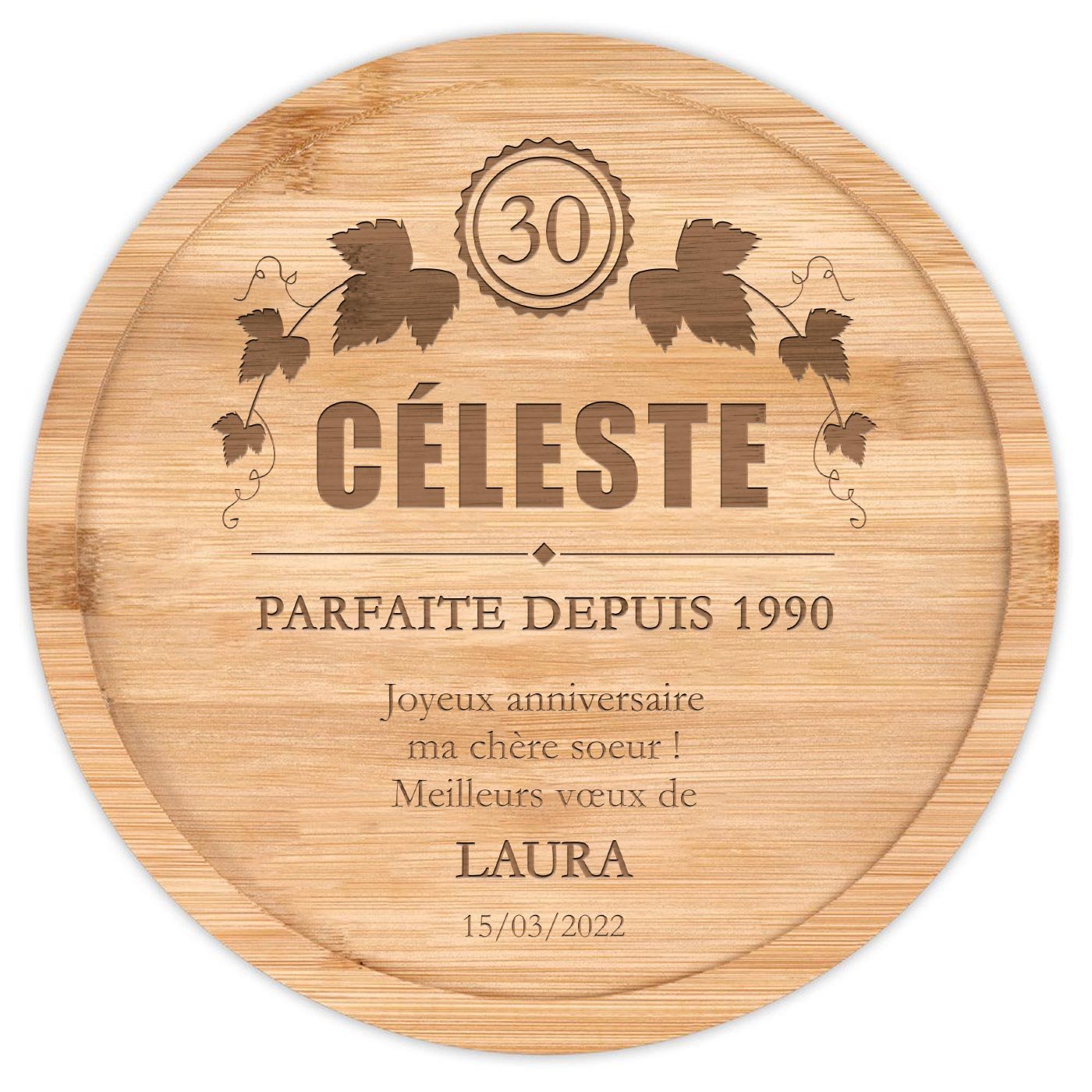 Plateau à fromage en bois personnalisé pour une sœur pour ses 30 ans