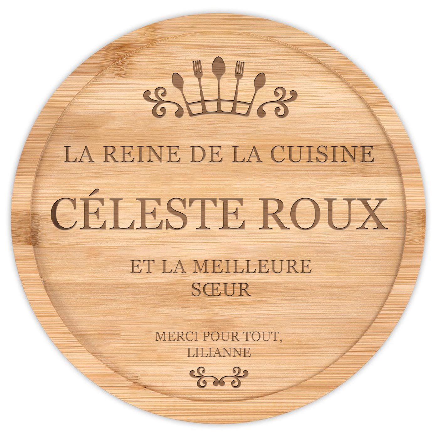 Plateau à fromage en bois avec gravure pour remerciement sœur