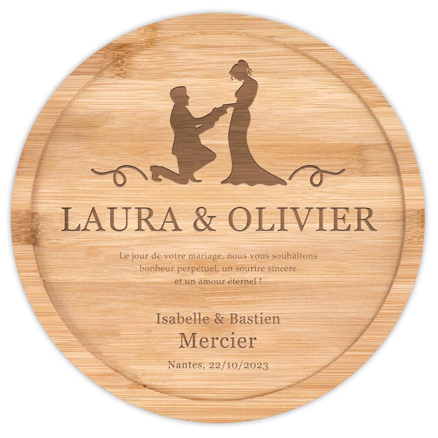 Plateau à fromage en bois avec gravure pour mariage