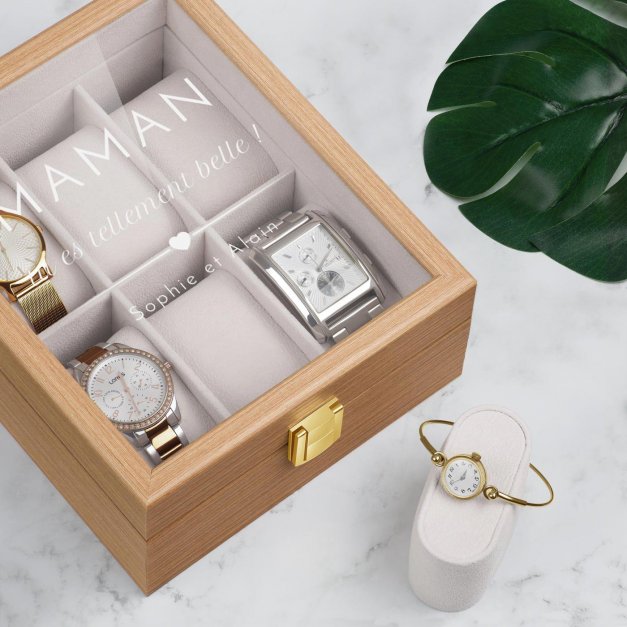 Boîte à montres en bois clair personnalisée pour la fête des mères