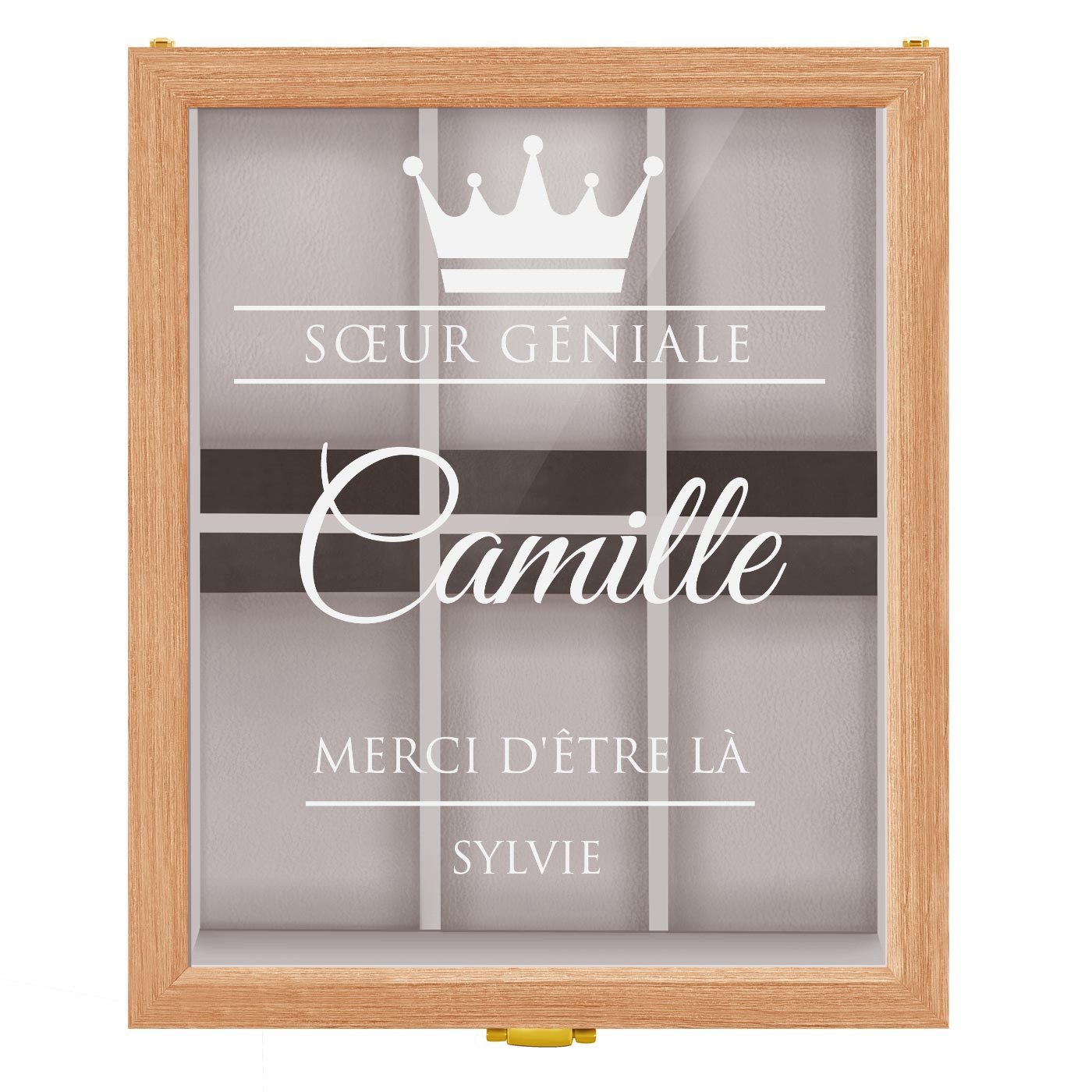 Boîte à montres en bois clair avec gravure pour une sœur pour remerciement de mariage