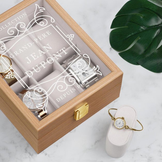 Boîte à montres en bois clair personnalisée pour l'anniversaire de grand-père