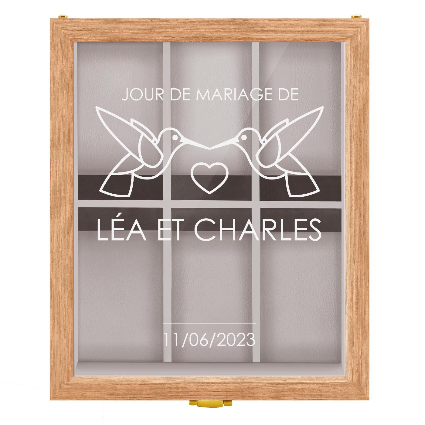Boîte à montres en bois clair personnalisée pour un couple pour mariage