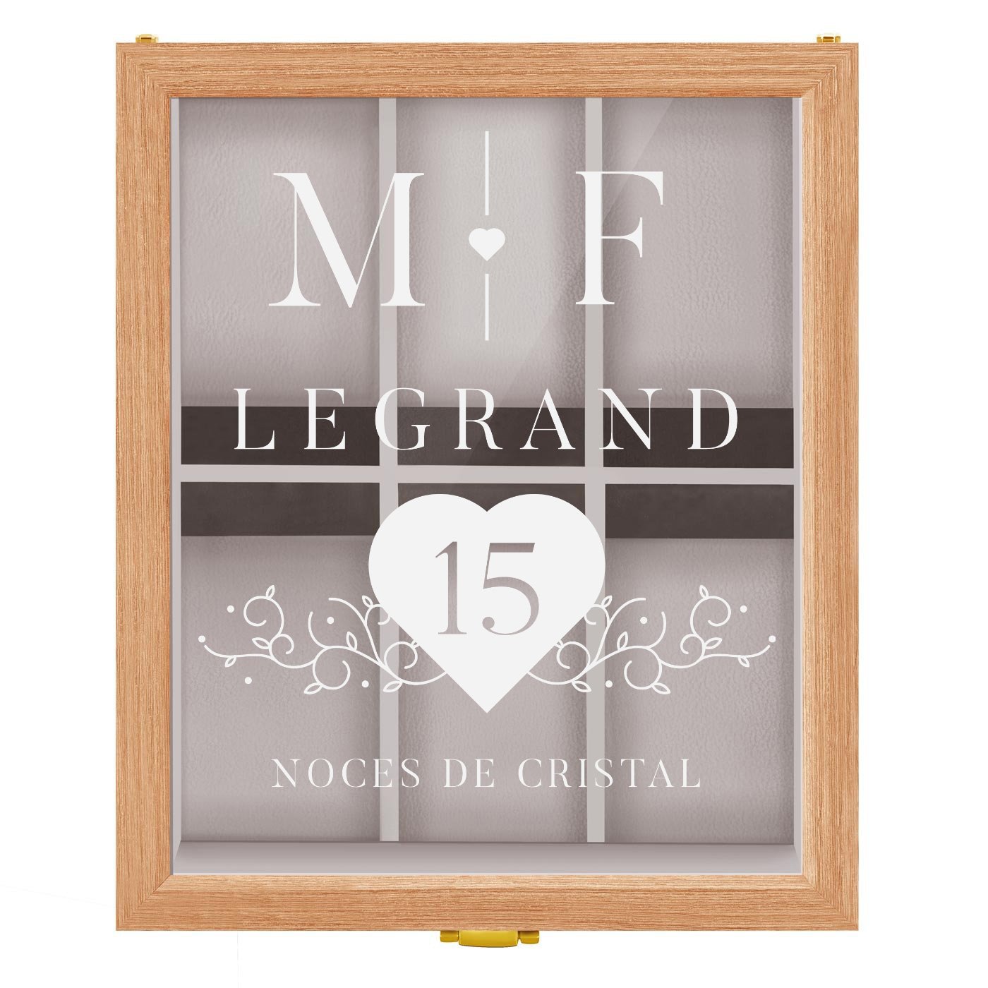 Boîte à montres en bois clair personnalisée pour un couple pour 15 ans de mariage