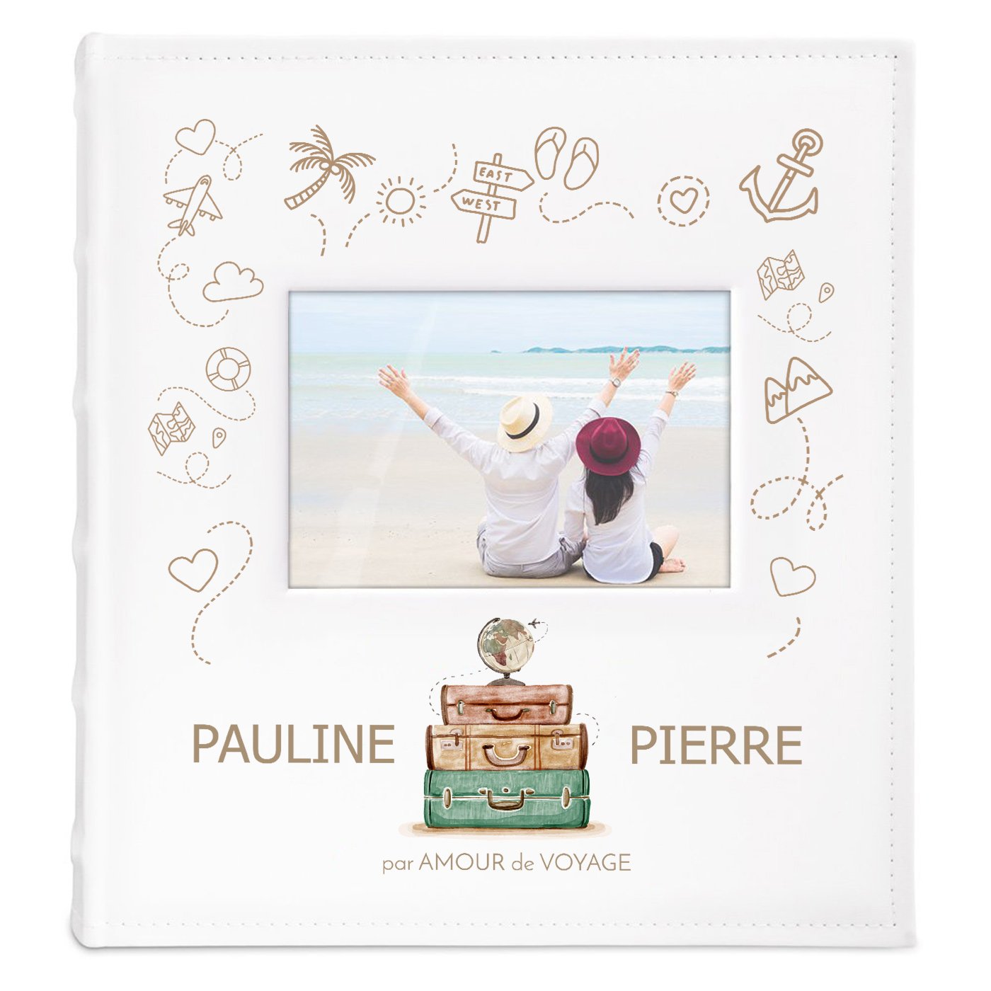 Album photo avec fenêtre et personnalisation pour un couple de voyageurs