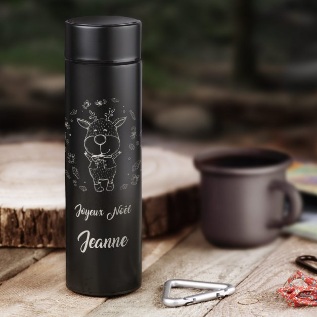 Bouteille isotherme noire personnalisée avec un affichage LED pour maman pour Noël