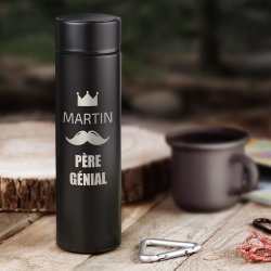 Bouteille isotherme noire personnalisée avec un affichage LED pour l'anniversaire d'un papa génial