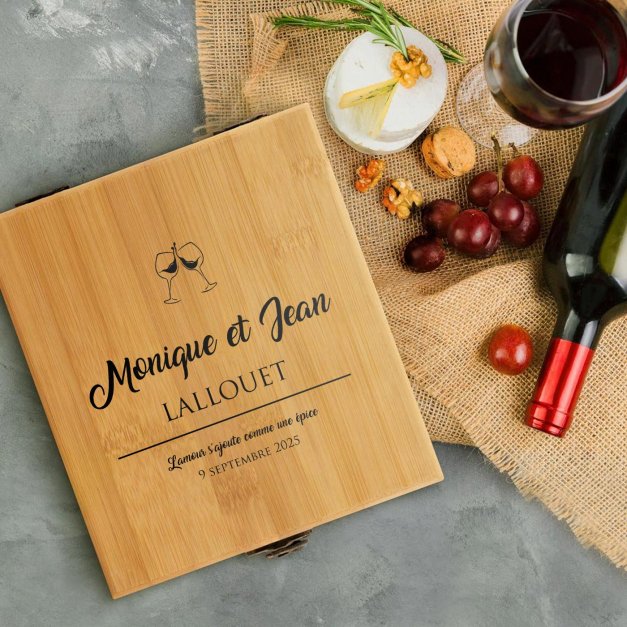 Ensemble d'accessoires pour vin avec coffret en bambou avec impression pour parents pour anniversaire de mariage