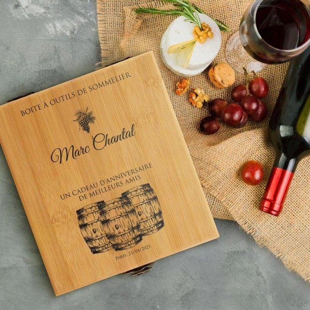 Ensemble d'accessoires pour vin avec coffret en bambou avec impression pour l'anniversaire d'un ami