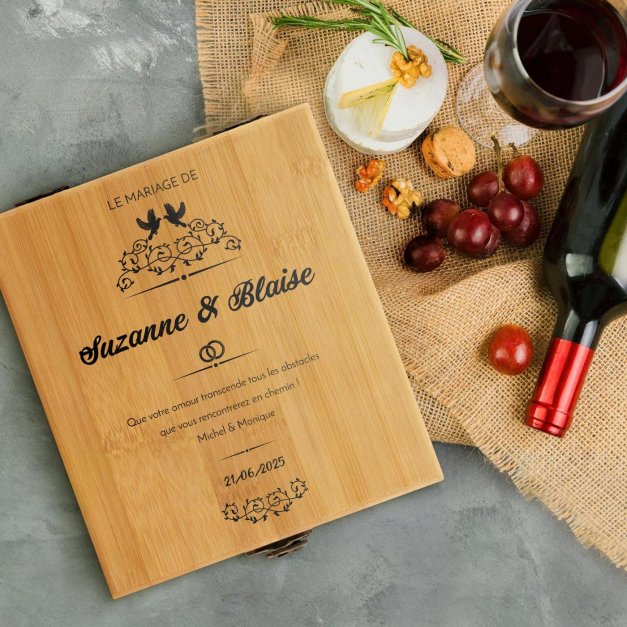 Ensemble d'accessoires pour vin avec coffret en bambou avec impression pour des jeunes mariés