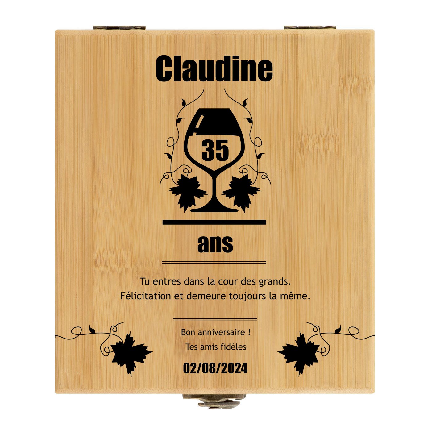 Ensemble d'accessoires pour vin avec coffret en bambou personnalisé pour une femme pour son 35e anniversaire