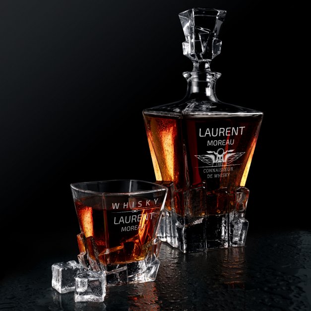 Carafe à whisky Ice Blink et 2 verres avec gravure pour un motard