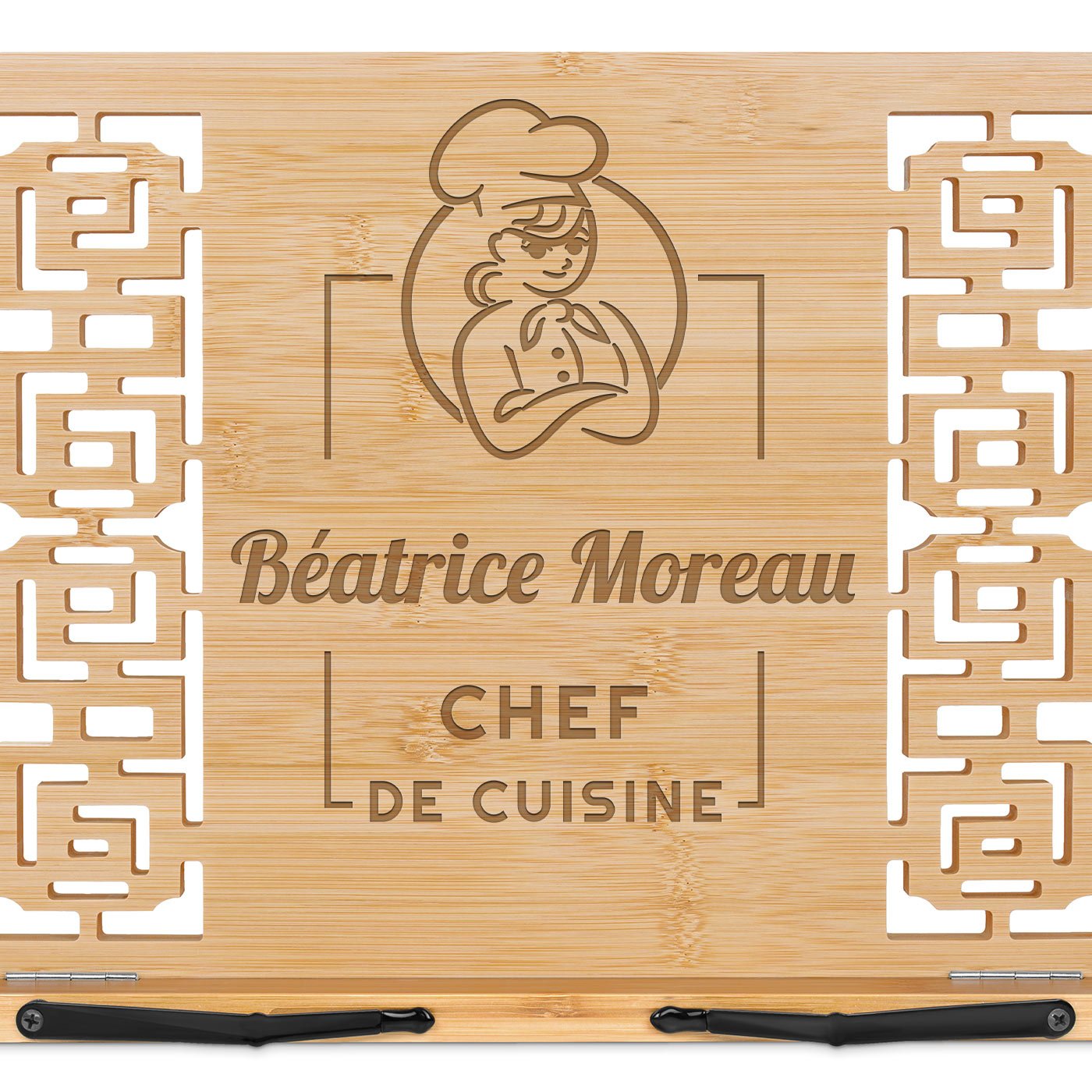 Support de livre en bois de bambou personnalisé pour elle femme chef de cuisine