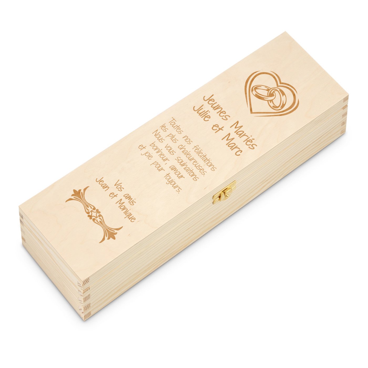Boîte à vin en bois avec gravure pour 1 bouteille pour des jeunes mariés