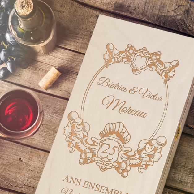 Caisse à vin personnalisée pour 2 bouteilles pour un couple pour 25 ans de mariage