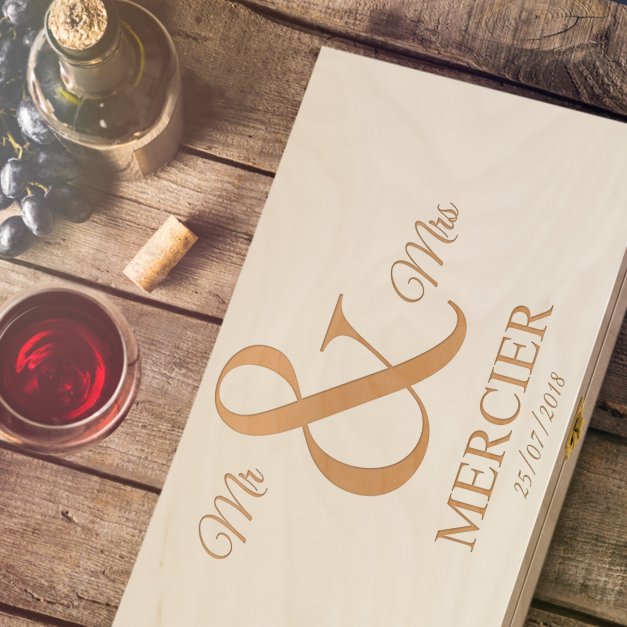 Caisse à vin avec gravure pour 2 bouteilles pour elle et lui pour mariage