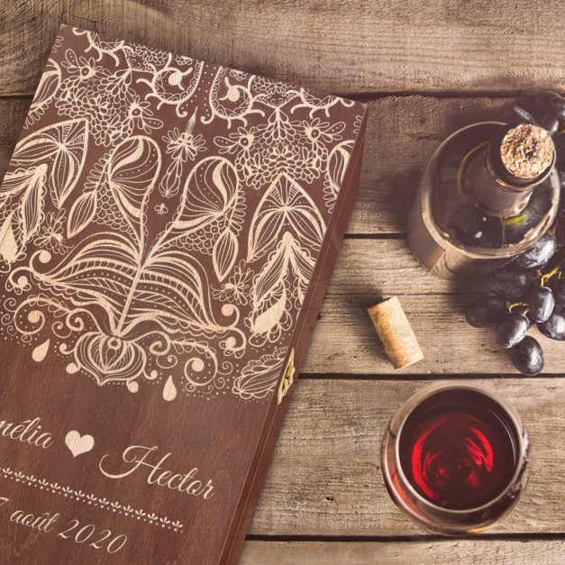 Caisse à vin en bois avec gravure pour 2 bouteilles à vin pour le marié et pour la mariée