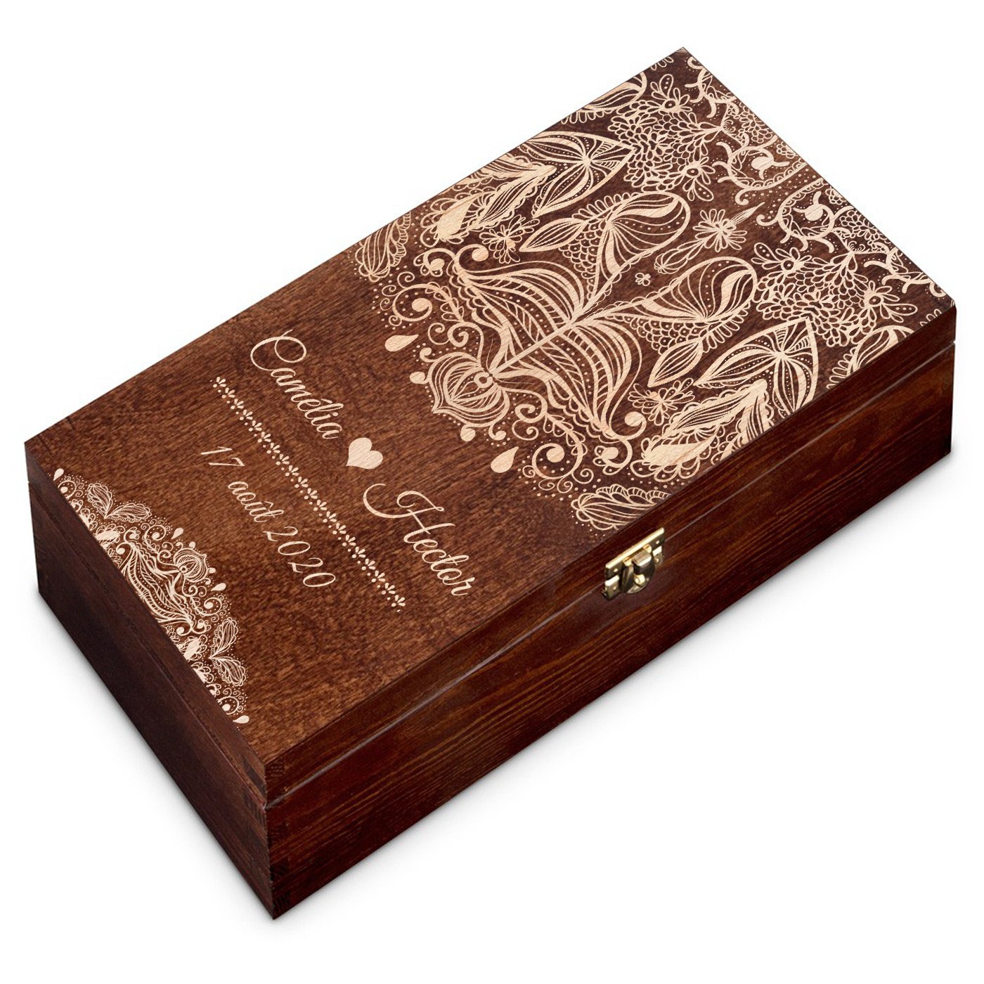Caisse à vin en bois avec gravure pour 2 bouteilles à vin pour le marié et pour la mariée
