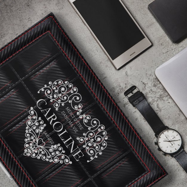Coffret à montres noir carbone personnalisé pour une fiancée pour la Saint-Valentin