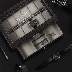 Boîte à bijoux et montres noire avec gravure pour l'anniversaire d'un copain