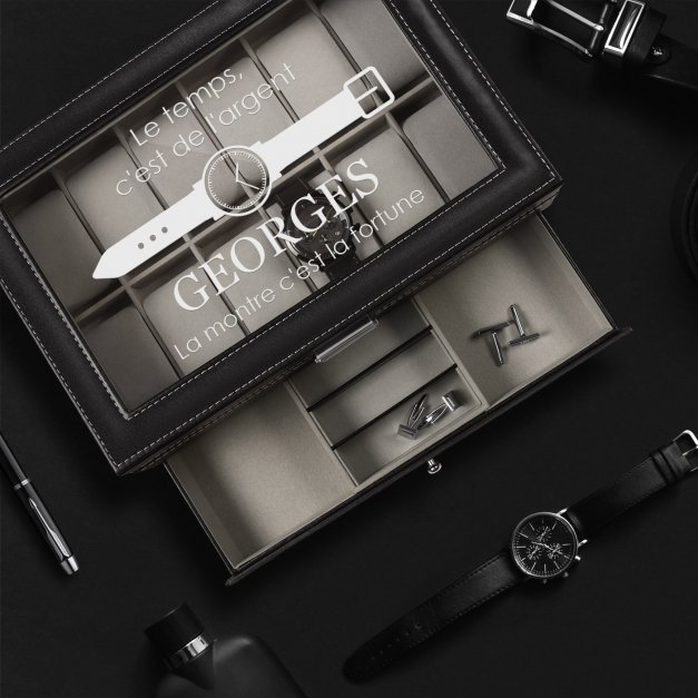 Boîte à bijoux et montres noire personnalisée pour l'anniversaire d'un mari