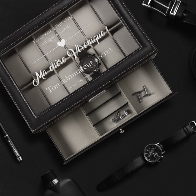 Boîte à bijoux et montres noire avec gravure pour une femme pour la Saint-Valentin