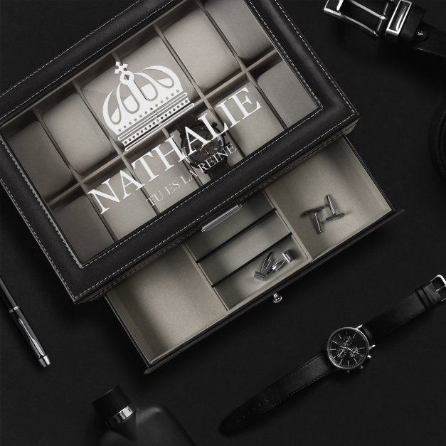 Boîte à bijoux et montres noire personnalisée pour l'anniversaire d'une jeune fille