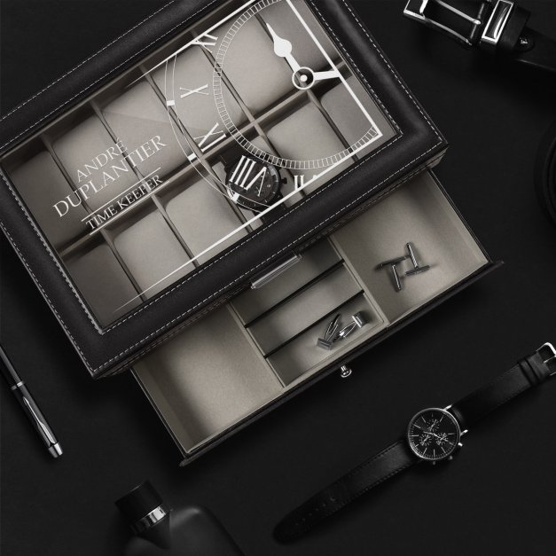 Boîte à bijoux et montres noire avec gravure pour l'anniversaire de papy