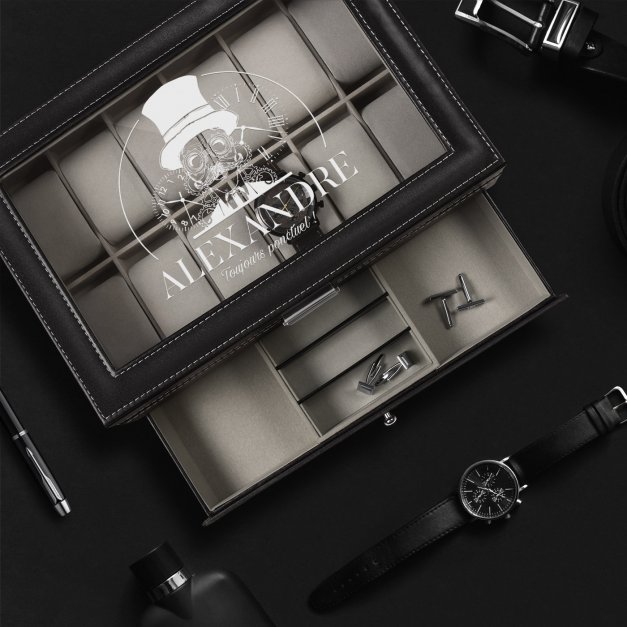 Boîte à bijoux et montres noire personnalisée pour la fête des pères