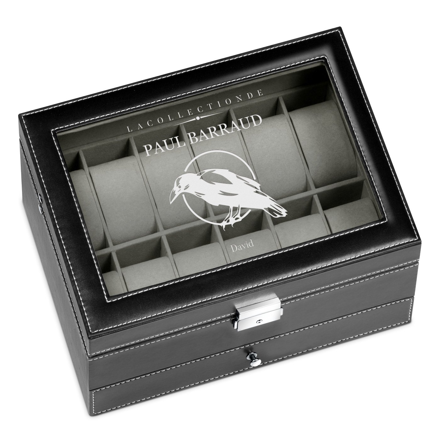 Boîte à bijoux et montres noire avec gravure pour l'anniversaire d'un homme