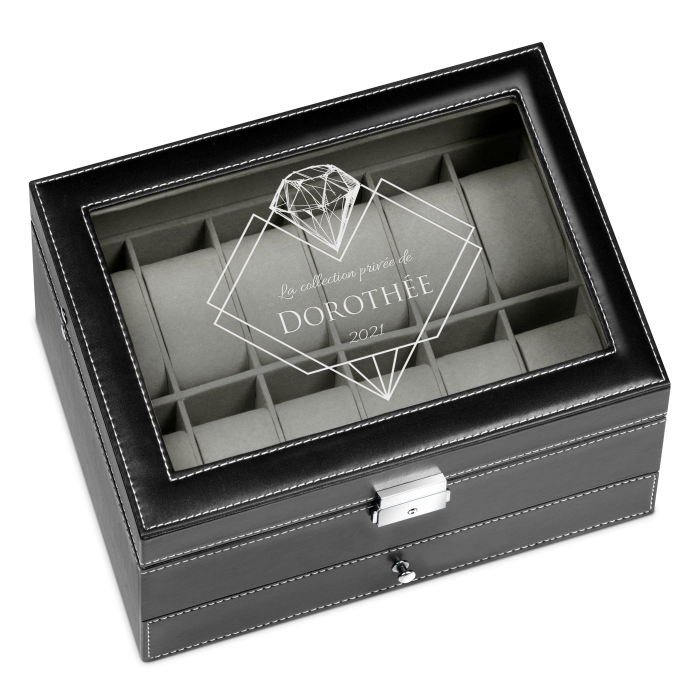 Boîte à bijoux et montres noire personnalisée pour l'anniversaire d'une copine