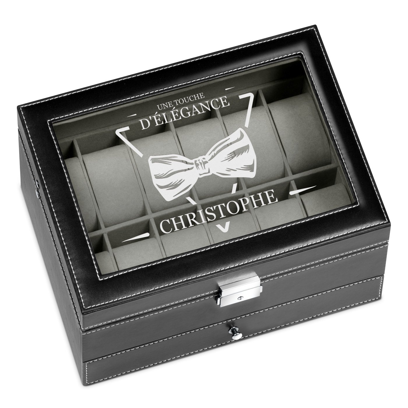 Boîte à bijoux et montres noire personnalisée pour l'anniversaire d'un frère