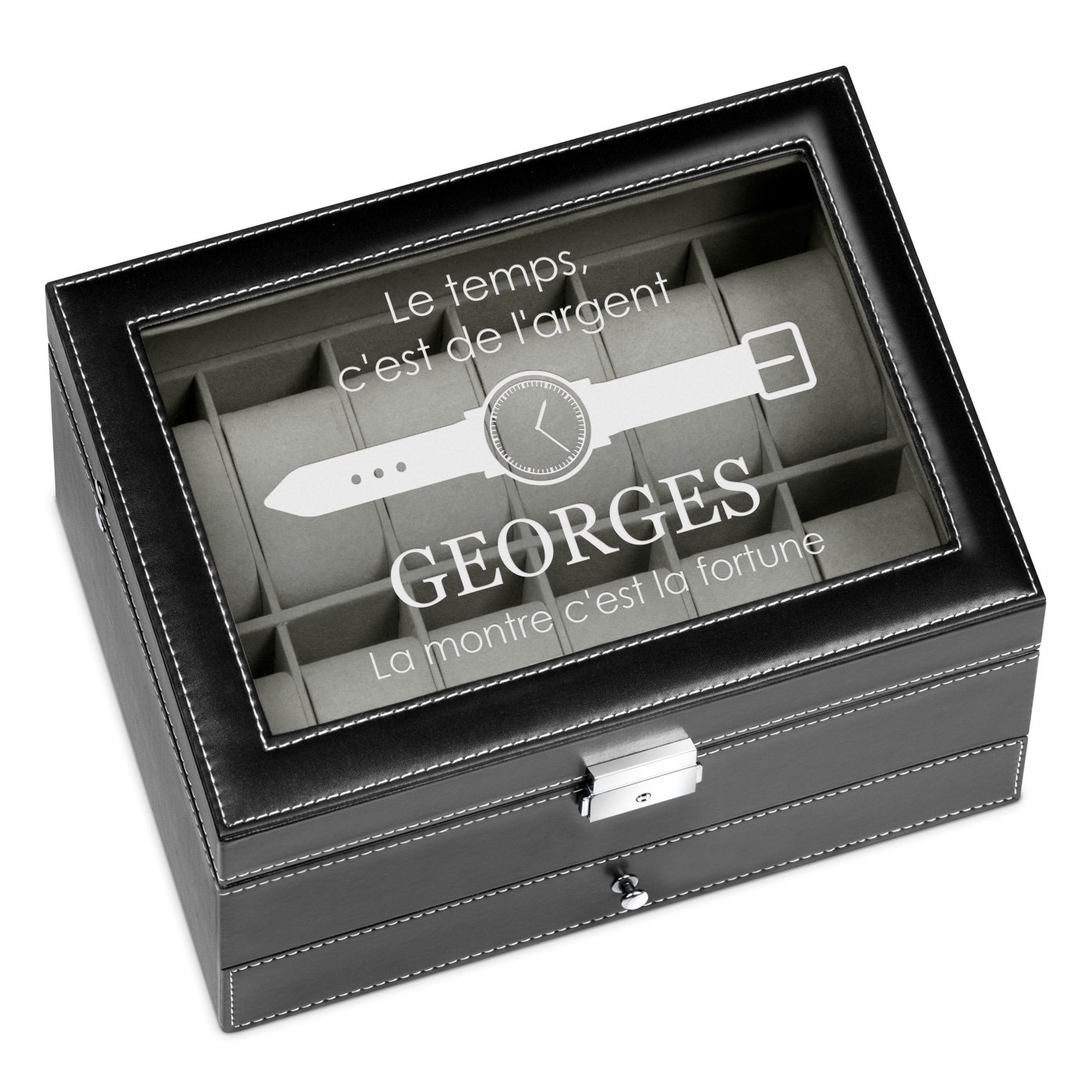 Boîte à bijoux et montres noire personnalisée pour l'anniversaire d'un mari