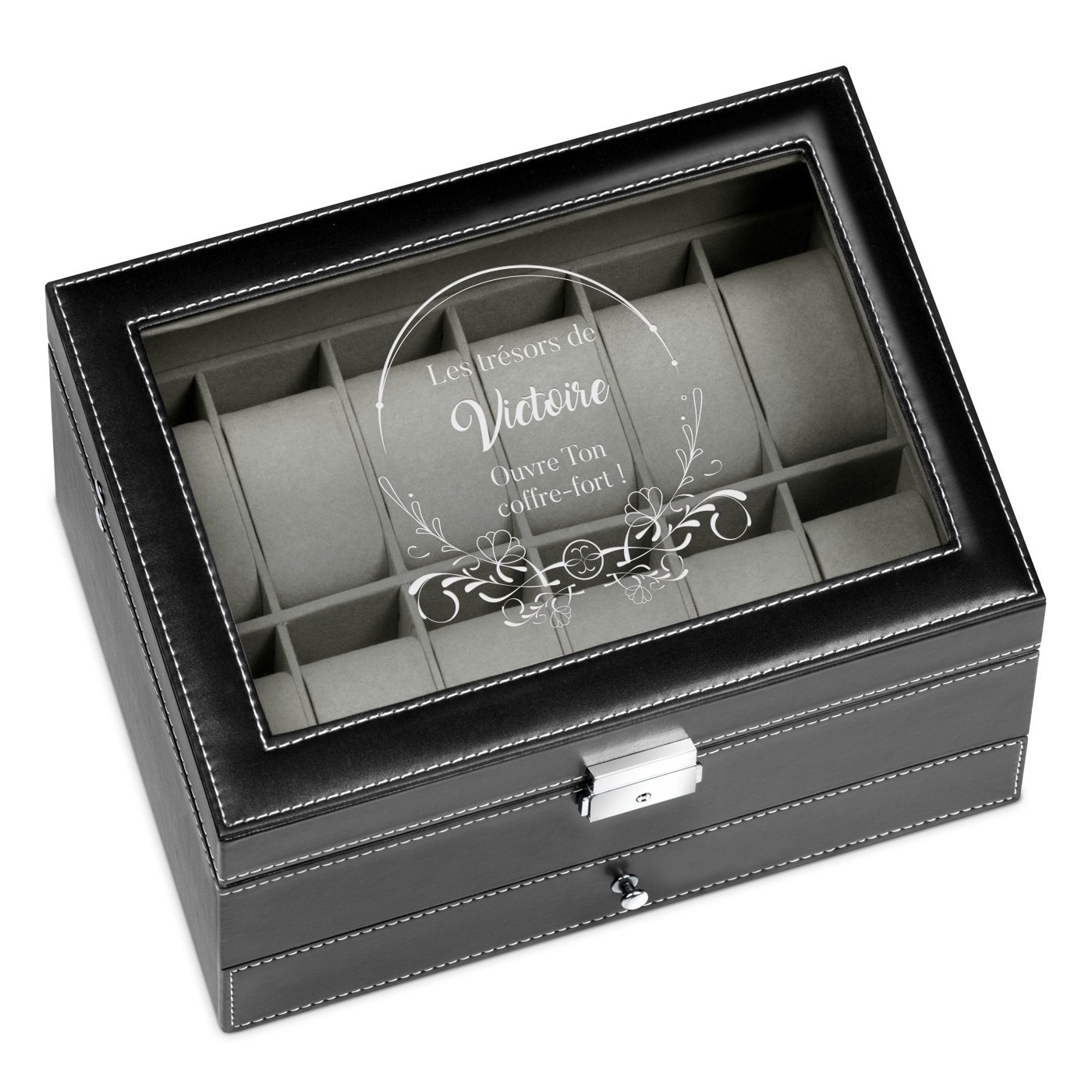 Boîte à bijoux et montres noire avec gravure pour l'anniversaire d'une soeur