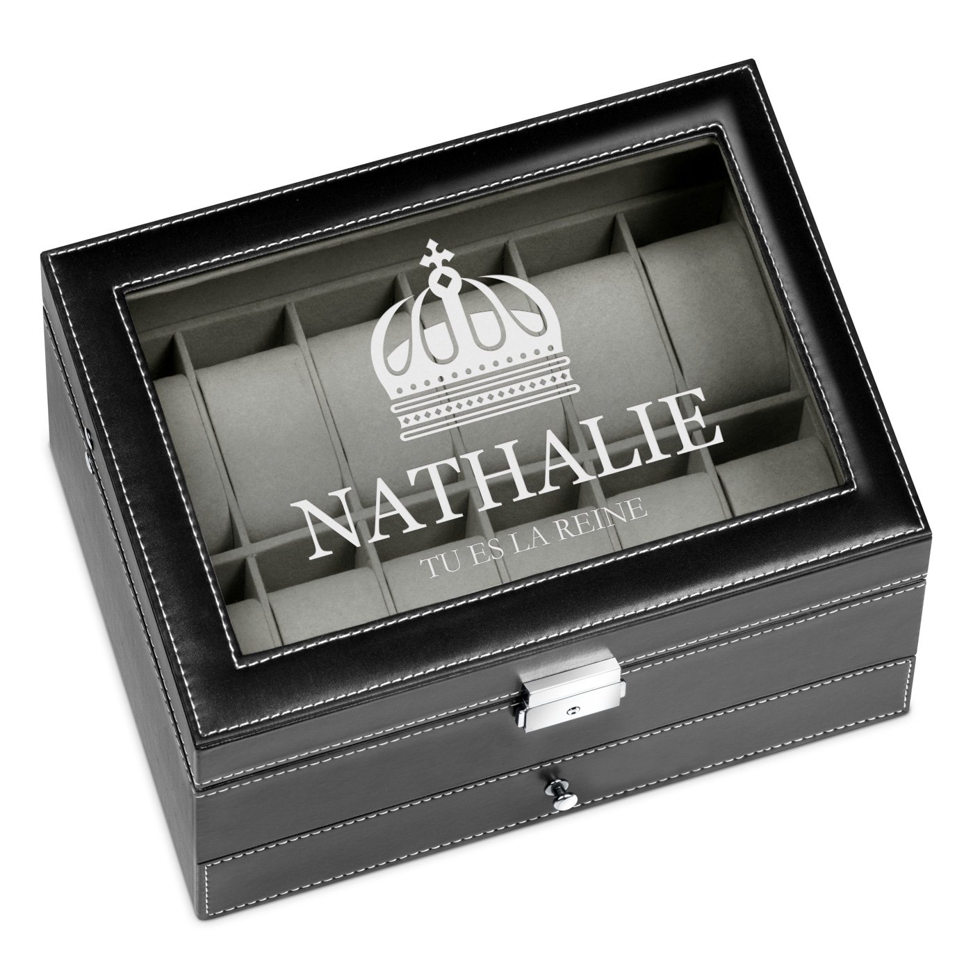 Boîte à bijoux et montres noire personnalisée pour l'anniversaire d'une jeune fille