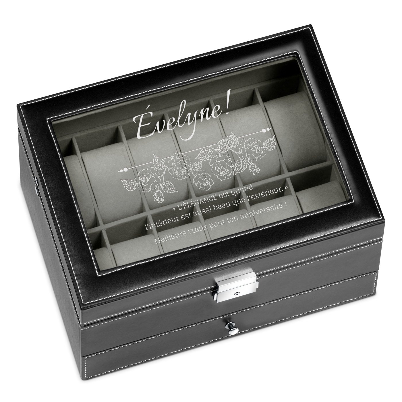 Boîte à bijoux et montres noire personnalisée pour l'anniversaire d'une amie