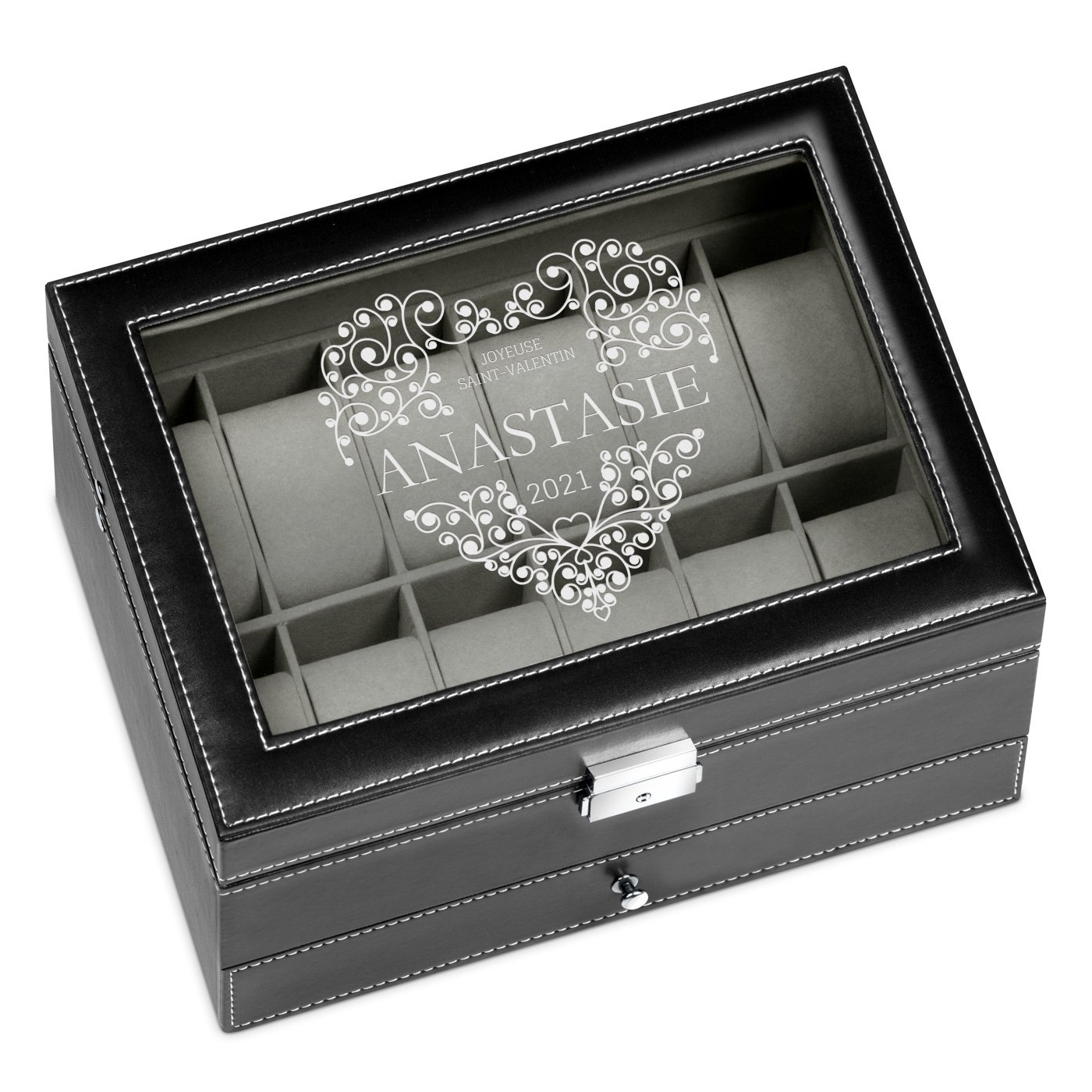 Boîte à bijoux et montres noire avec gravure pour une copine pour la Saint-Valentin