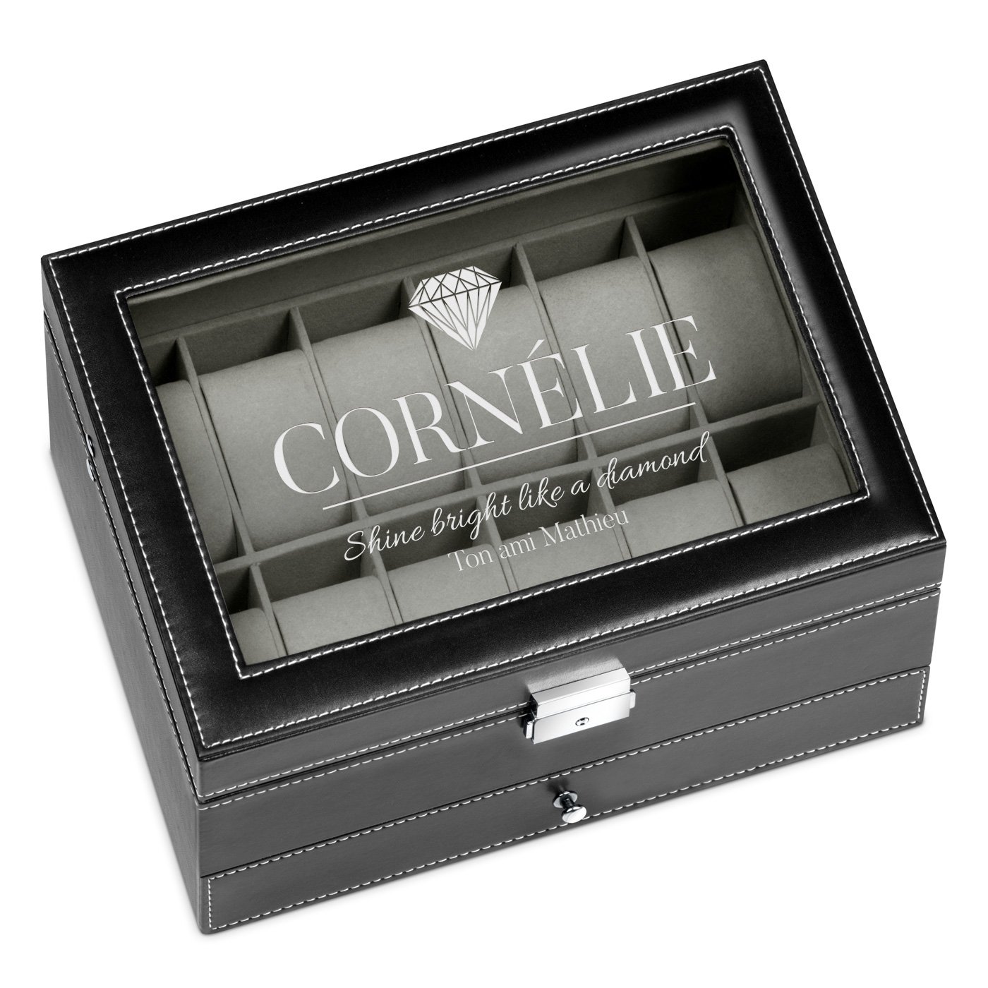 Boîte à bijoux et montres noire personnalisée pour une amie pour son anniversaire