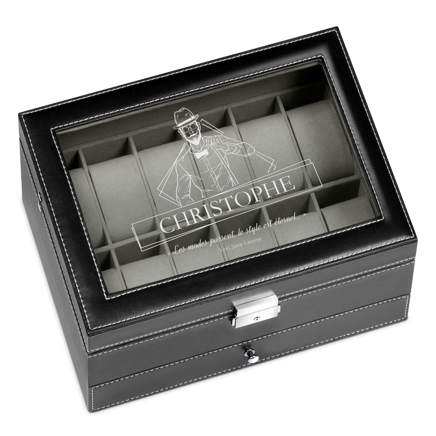 Boîte à bijoux et montres noire personnalisée pour l'anniversaire d'un collègue 