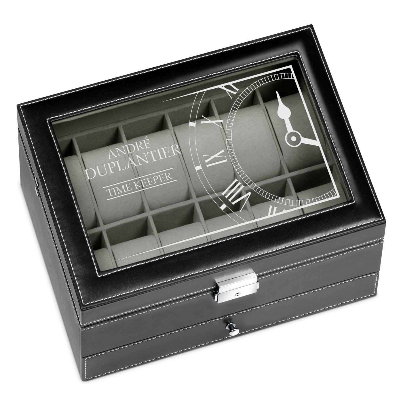 Boîte à bijoux et montres noire avec gravure pour l'anniversaire de papy
