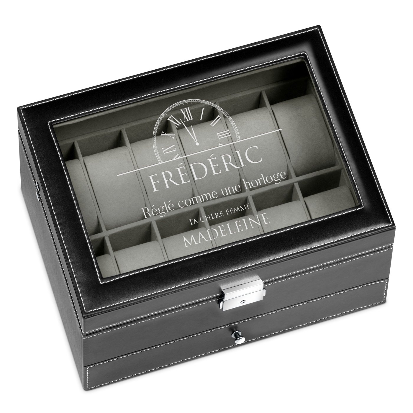 Boîte à bijoux et montres noire avec gravure pour un mari pour l'anniversaire de mariage