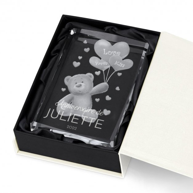 Statuette en cristal 3D avec ourson gravé dans coffret personnalisé pour elle femme anniversaire 