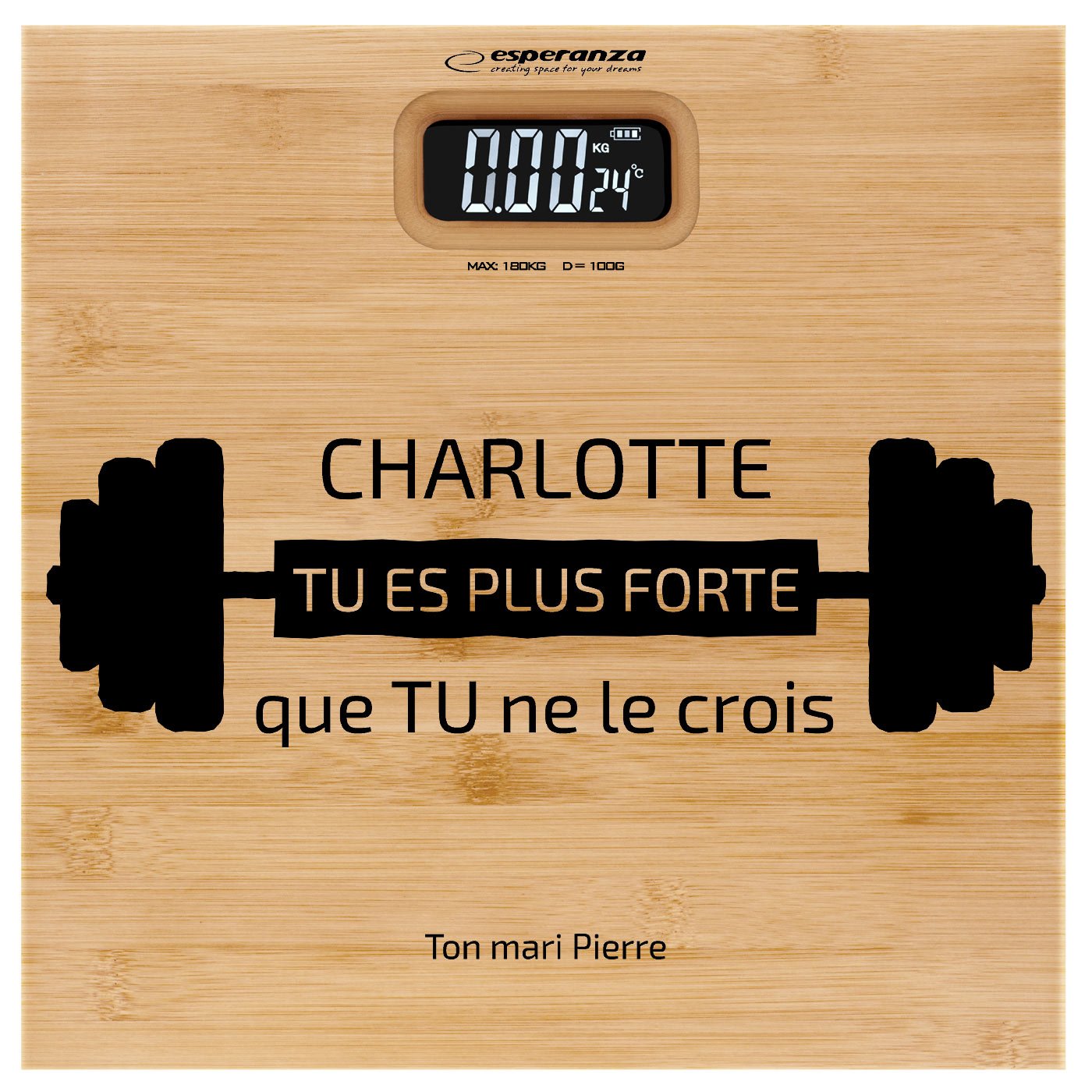 Pèse-personne en bambou avec impression pour l'anniversaire d'une femme fitness