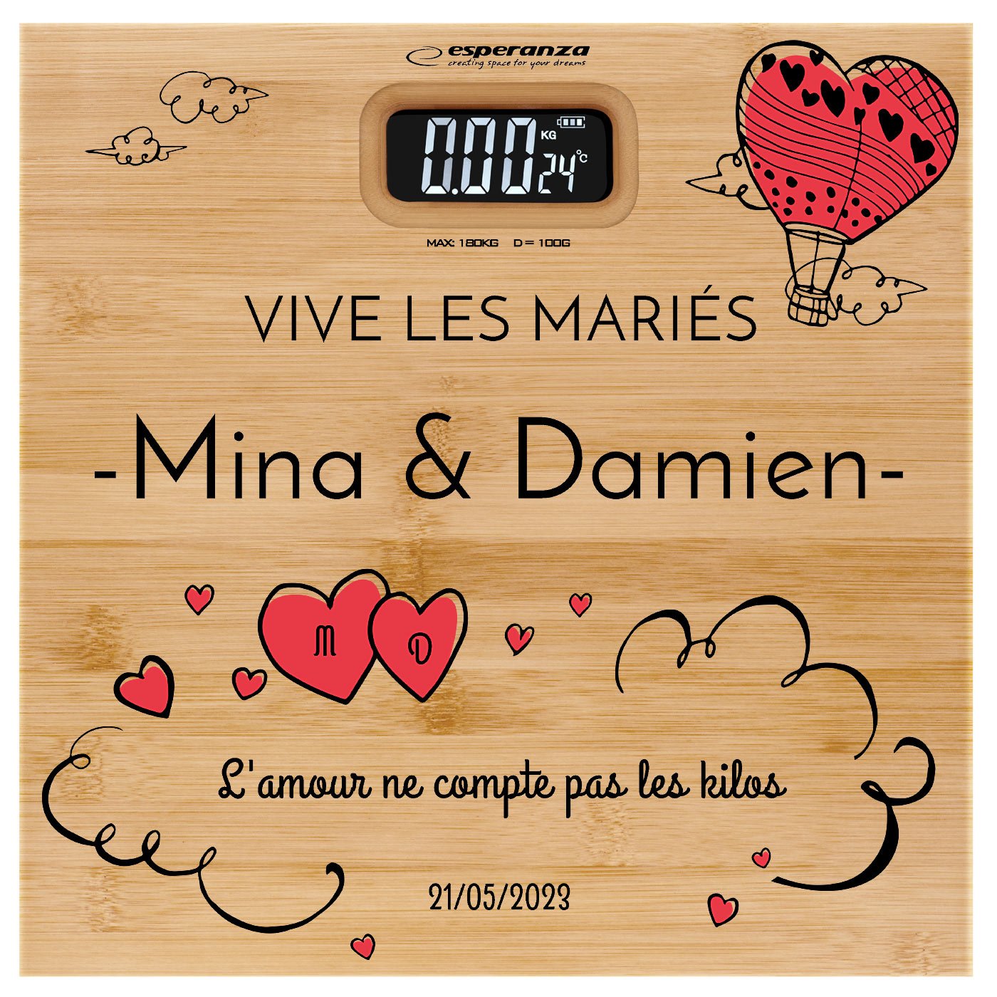 Pèse-personne en bambou avec impression pour le marié et pour la mariée