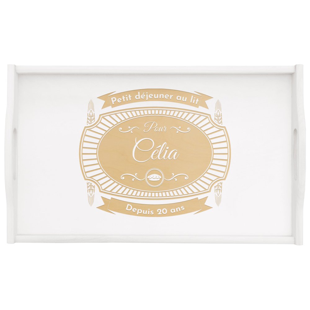 Plateau de lit pliable en bois avec gravure pour une femme pour 20 ans de mariage