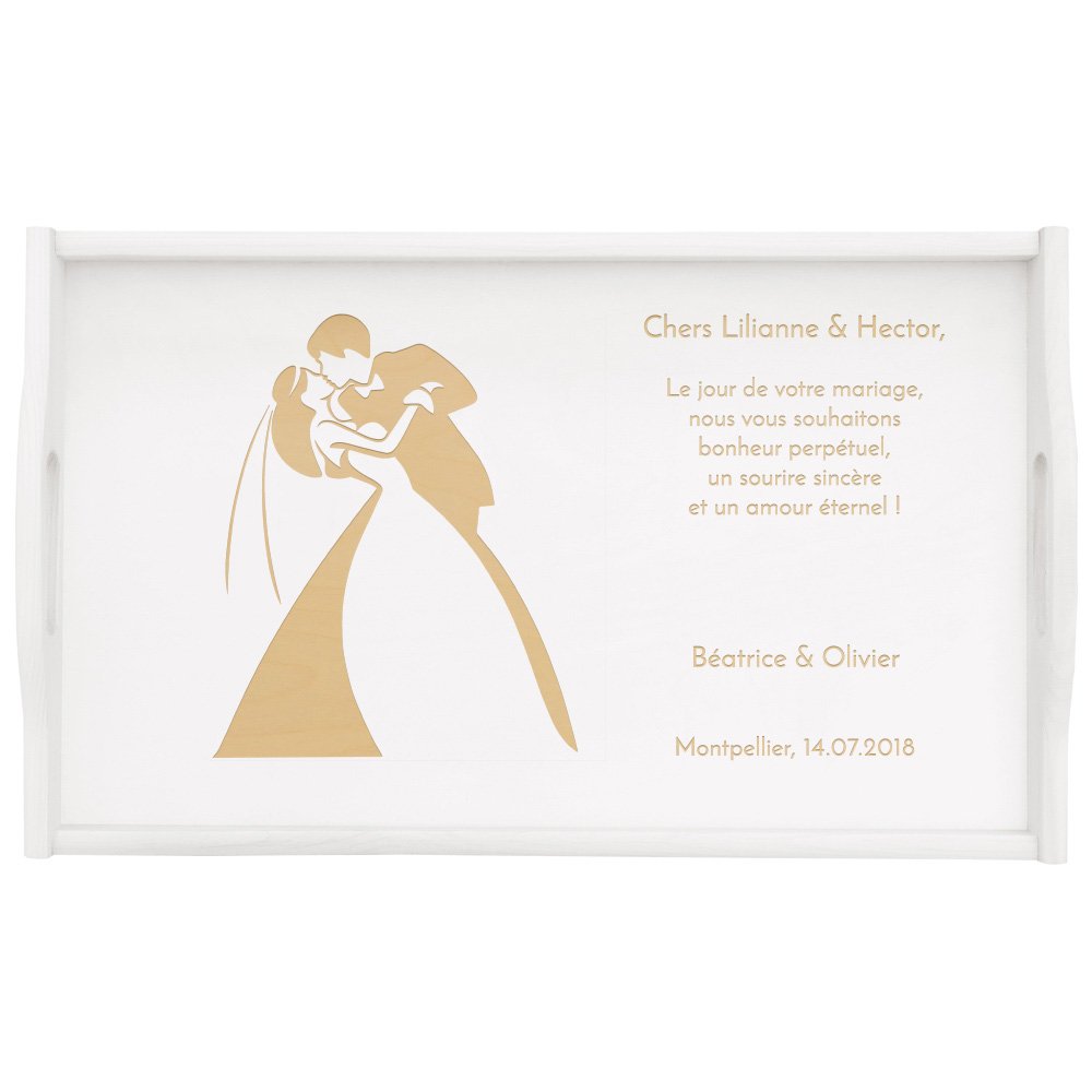 Plateau de lit pliable en bois avec gravure pour le marié et pour la mariée
