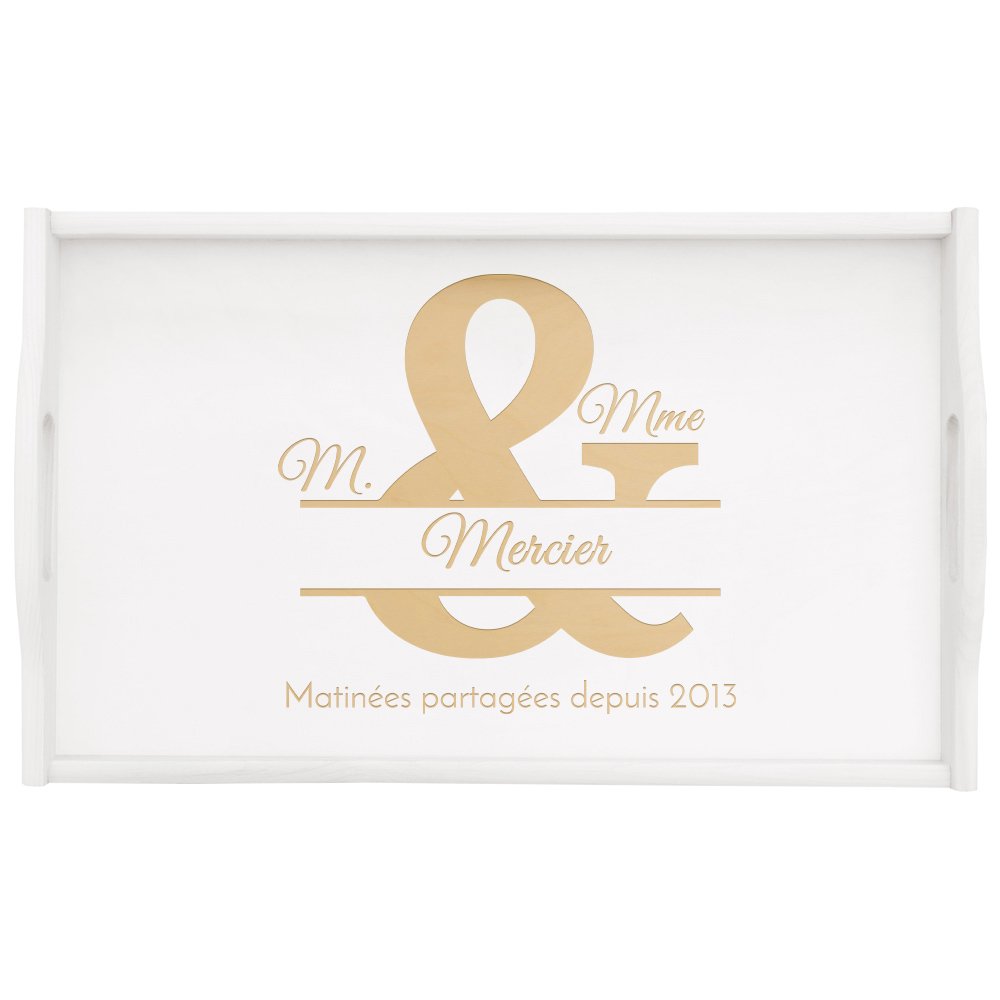 Plateau de lit pliable en bois avec gravure pour elle et lui pour l'anniversaire de mariage