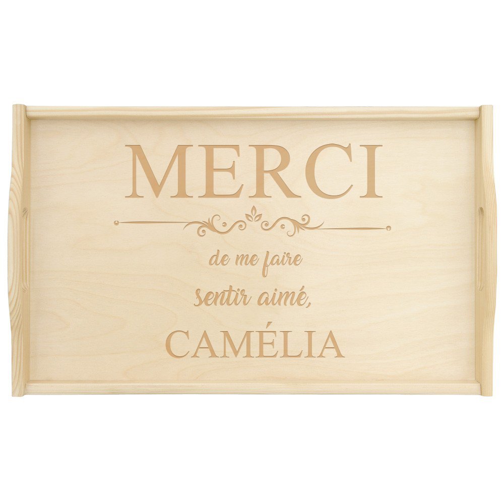 Plateau de lit en bois naturel avec gravure pour une femme pour l'anniversaire de mariage