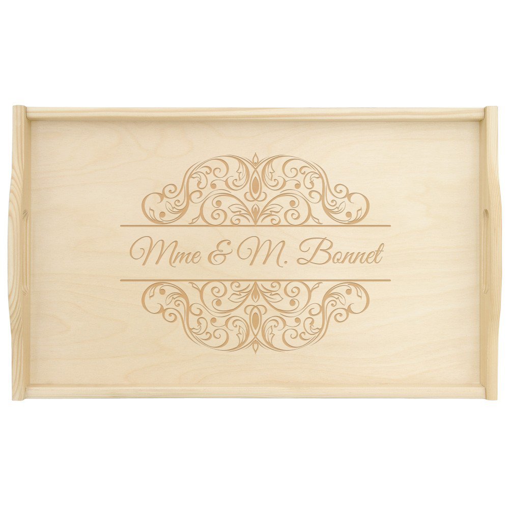 Plateau de lit en bois naturel avec gravure pour un couple pour mariage